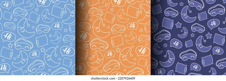 A set of children's patterns on a night theme with a moon, a cloud and a sleep bandage. Childish pattern for clothes, textiles, bedding and packaging.