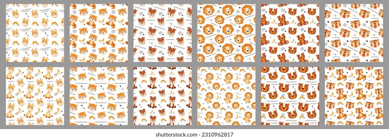 A set of children's patterns with small animals. Seamless animal background, cute vector texture for baby bedding, fabric, wallpaper, wrapping paper, textiles, T-shirt print