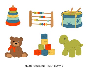 A set of children's plush and plastic toys, a teddy bear, a pyramid, a drum, an abacus, wooden cubes and blocks for children's entertainment. Colored flat vector illustration on white background