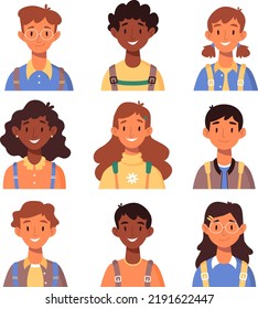 Set Of Children's Portraits. Set Of Smiling Faces Of Boys And Girls With Backpacks, Different Hairstyles, Skin Color, Ethnicity. School Kids Avatars. Flat Vector Illustration. Back To School Clip Art