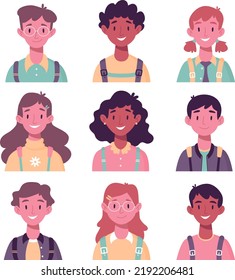 Set Of Children's Portraits. Set Of Smiling Faces Of Boys And Girls With Backpacks, Different Hairstyles, Skin Color, Ethnicity. School Kids Avatars. Flat Vector Illustration. Back To School Clip Art