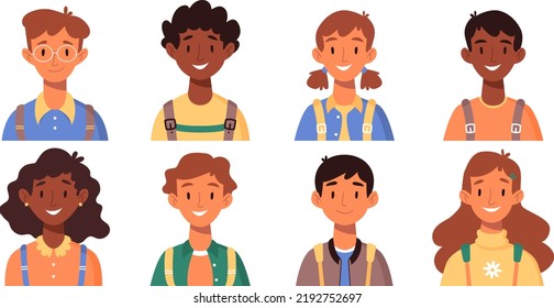 Set Of Children's Portraits. Set Of Smiling Faces Of Boys And Girls With Backpacks, Different Hairstyles, Skin Color, Ethnicity. School Kids Avatars. Flat Vector Illustration. Back To School Clip Art