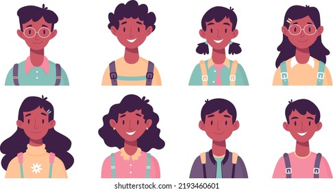 Set Of Children's Portraits. Set Of Smiling Faces Of African American Boys And Girls With Backpacks, Different Hairstyles. School Kids Avatars. Flat Vector Illustration. Back To School Clip Art