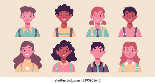 Set Of Children's Portraits. Set Of Smiling Faces Of Boys And Girls With Backpacks, Different Hairstyles, Skin Color, Ethnicity. School Kids Avatars. Flat Vector Illustration. Back To School Clip Art