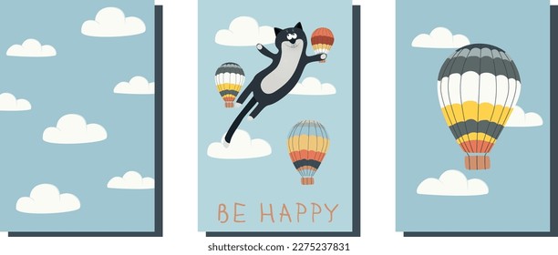 A set of children's postcards. Birthday card. Postcard for a child's birthday. Postcards with cute cats