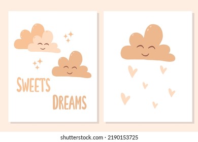 Set of children's posters in boho style. Posters with clouds. Sweet dreams.Vector illustration. A collection of posters for the nursery in boho style.