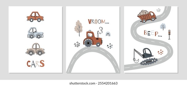 A set of children's posters for boys with cute cars in pastel colors. Vector illustration