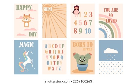 Carteles infantiles al estilo de las caricaturas. Ilustración vectorial de carteles coloridos con diferentes inscripciones y diseños: zorro, sol, números, arcoiris, unicornio, alfabeto, cactus, nube en blanco.