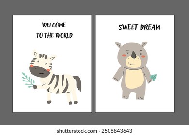 Conjunto de carteles para niños con animales lindos. Diseño de la ducha del bebé. Safari escandinavo de animales bebés africanos con cara linda. Ilustración vectorial plana de dibujos animados. Conjunto de tarjetas de Vertical para niños.