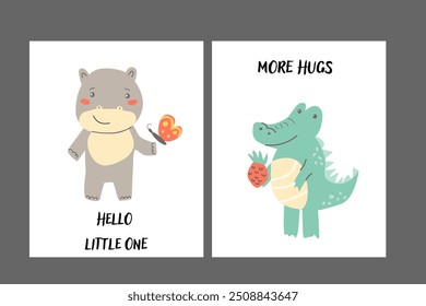 Conjunto de carteles para niños con animales lindos. Diseño de la ducha del bebé. Safari escandinavo de animales bebés africanos con cara linda. Ilustración vectorial plana de dibujos animados. Conjunto de tarjetas de Vertical para niños.