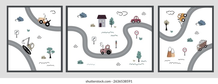 Set of children's posters with cute cars, roads and landscape. Fun banners for boys' rooms. Different vehicles on a white background. Vector illustration.