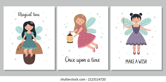 A set of children's posters. A cute little fairy with wings and a magic wand. Vector hand-drawn illustration