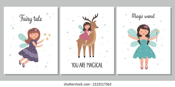 A set of children's posters. Cute little fairy with wings and a magic wand, sitting on a deer. Vector hand-drawn illustration