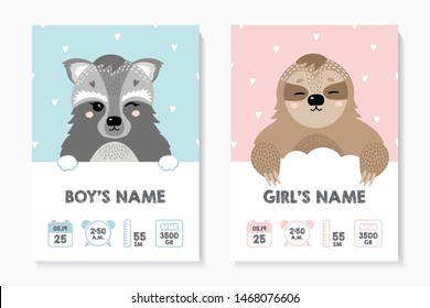 A set of children's posters, height, weight, date of birth. Raccoon, sloth. Vector illustration on blue and pink background. Illustration newborn metric for children bedroom.
