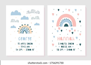 A set of children's posters, height, weight, date of birth. Vector illustration on mint and pink background. Illustration newborn metric for children bedroom.
