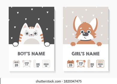 A set of children's posters, height, weight, date of birth. Cat. Dod. Vector illustration on dark and gray background. Illustration newborn metric for children bedroom.