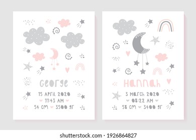 A set of children's posters, height, weight, date of birth. Illustration newborn metric for children bedroom.