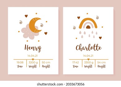 A set of children's posters, height, weight, date of birth.Illustration newborn metric for children bedroom.