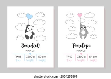 A set of children's posters, height, weight, date of birth. Panda, sloth. Illustration newborn metric for children bedroom.