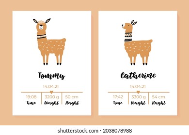 A set of children's posters, height, weight, date of birth. Lama. Vector illustration. Illustration newborn metric for children bedroom.