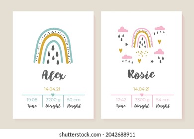 A set of children's posters, height, weight, date of birth. Rainbow. Vector illustration. Illustration newborn metric for children bedroom.