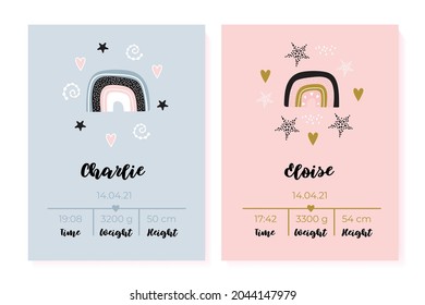 A set of children's posters, height, weight, date of birth. Rainbow. Vector illustration. Illustration newborn metric for children bedroom.