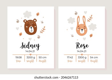 A set of children's posters, height, weight, date of birth. Bear, hare. Illustration newborn metric for children bedroom.