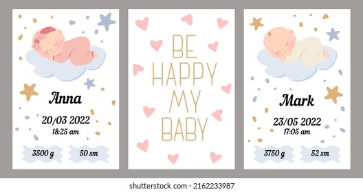 A set of children's posters, newborn's metric, height, weight, date of birth. Babies sleep on clouds, the inscription Be happy my baby. Illustration for children's bedroom, postcards, wall decorations