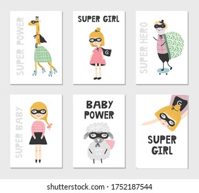 Set of children's posters with superhero characters, animals and lettering. Clip art collection, vector illustration.