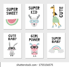 Set of children's posters with superhero characters, animals and lettering. Clip art collection, vector illustration.