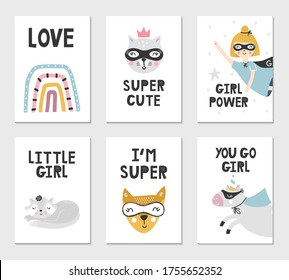 Set of children's posters with superhero characters, animals and lettering. Clip art collection, vector illustration.