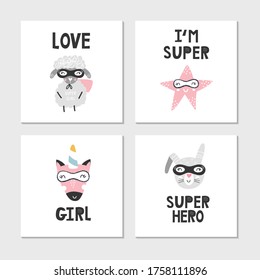 Set of children's posters with superhero characters, animals and lettering. Clip art collection, vector illustration.