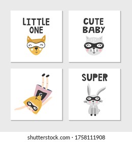 Set of children's posters with superhero characters, animals and lettering. Clip art collection, vector illustration.