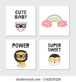 Set of children's posters with superhero characters, animals and lettering. Clip art collection, vector illustration.