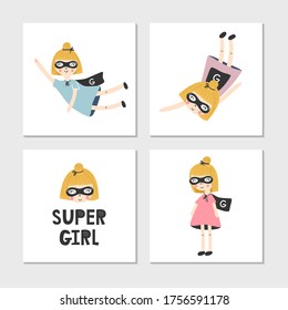 Set of children's posters with superhero ginger girl and lettering. Clip art collection, vector illustration.