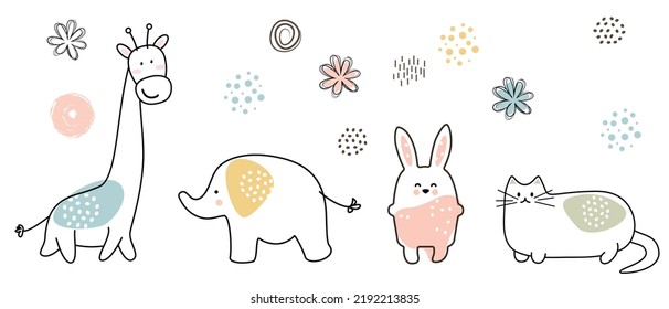 set of children's primitive drawings - giraffe, cat, elephant, rabbit and various doodle elements in pastel colors. Cute design with black outline in flat style isolated on white background.
