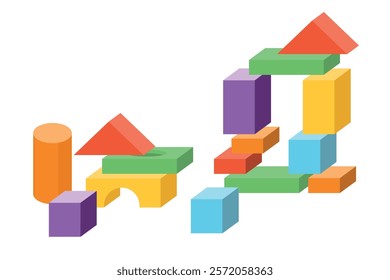 Set of children's pyramids in cartoon style.Vector illustration of a colored constructor from geometric figures,cubes of different shapes and sizes isolated on white background. Educational game.