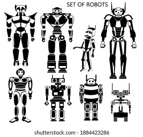 A set of children's robots in black and white colors. Vector robots.