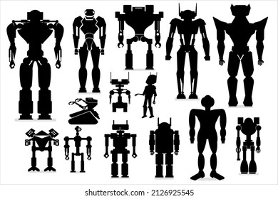 A set of children's robots in black and white colors. Vector robots.