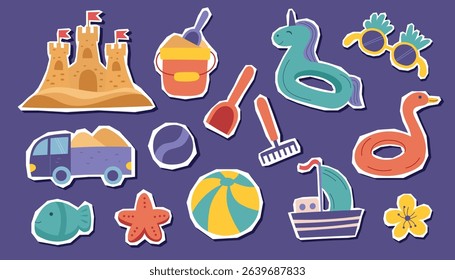 Set of children's sandbox toys stickers isolated on purple background.  Vector hand drawn cliparts.