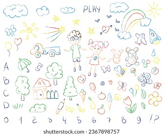 Set of children's scribbles, doodles with colored pencils. Children's drawings of flowers, plants, toys, numbers, objects, rainbows. Vector drawn with a brush