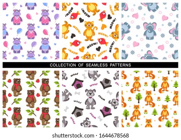 Set of children's seamless patterns on a white background. Zoo theme. Cute cat, hippo, elephant, fox, dog, bear.  Repeating texture for wallpaper design, textile, wrapping paper. Vector illustration.