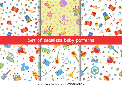 Set of children's seamless vector pattern. A collection of bright, beautiful, positive background with toys. Design elements for the printing of children's artwork, wallpaper, textile printing