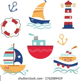 Set of children`s ships, clipart, on a white background. Perfect for nursery posters. Vector illustration