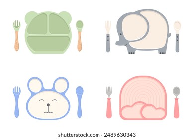 Set of children's silicone dishes. Feeding the baby. Vector flat illustration.