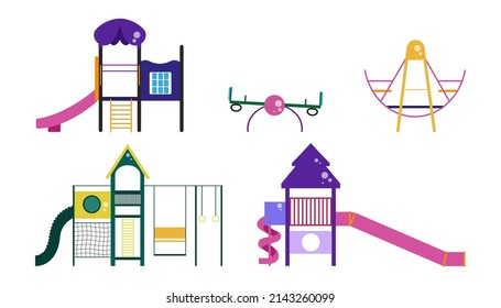 Set of children's slides in cartoon style. Vector illustration of playground, amusement outdoor park, place for children's games.