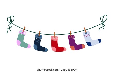 a set of children's socks are dried on a rope. flat vector illustration isolated on white background