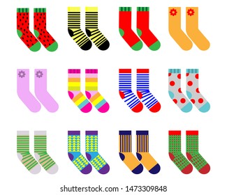 Set of children's socks on a white isolated background. Vector illustration.