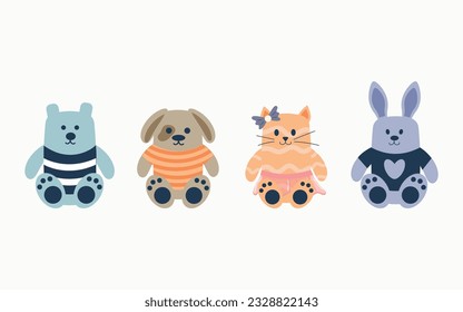 Set of children's soft toys, different types. Plush animals, cartoon style, for baby play. Toys for children. Vector illustration