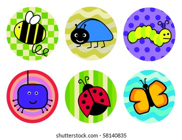 A set of children's sticker icons - bugs and butterflies